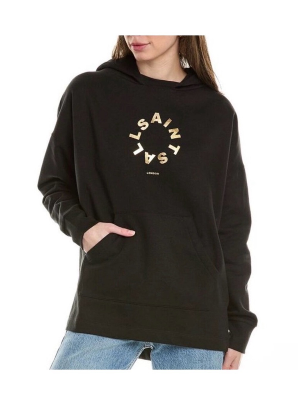 AllSaints Black Hooded Pullover with Gold Circle Logo